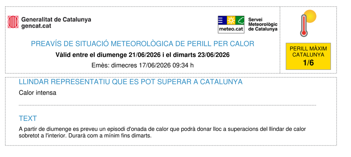 meteocat's tweet photo. ⚠️ El Servei Meteorològic de Catalunya emet un preavís de situació meteorològica de perill (#avisosSMP) per calor intensa ⚠️

🗓️ Entre diumenge i, com a mínim,  dimarts.
🌡️ Es preveu un episodi d'onada de calor que podrà afectar especialment zones de l'interior. https://t.co/MBzlfoycA9
