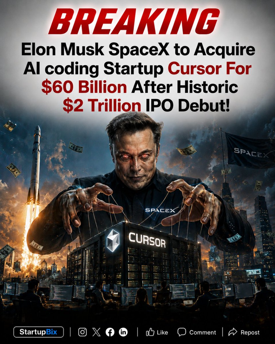 StartupBix's tweet photo. $60B for Cursor?

Reports suggest @SpaceX could acquire AI coding startup @Cursor  for a massive $60 billion valuation.

AI coding tools are no longer optional they're becoming the future of software development.

Bubble or the next big tech revolution?

#AI #TechNews #Startups https://t.co/yhJVYhsvnp