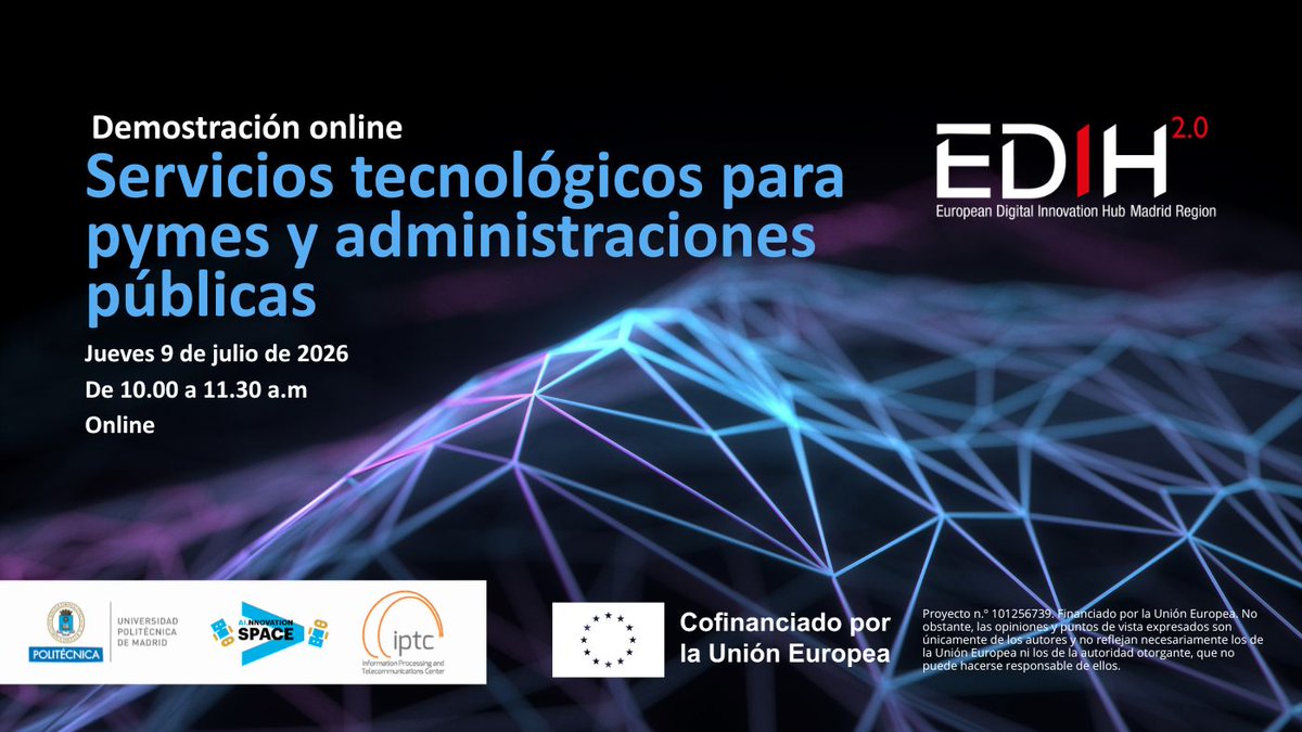 EdihMadrid's tweet photo. Si quieres ver cómo son algunos de nuestros servicios de testeo de tecnología,  lanzamos una jornada de demostraciones. 🦾

💥 Servicios tecnológicos para pymes y administraciones públicas
📆 Jueves 9 de julio
🕙 De 10.00 a 11.30
👩‍💻 Online

https://t.co/nDBdW6xpc0 https://t.co/PjRpuk8KXN