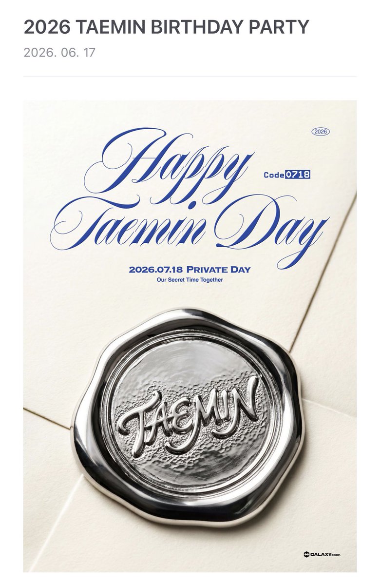 Loya_Taemint's tweet photo. 2026 TAEMIN BIRTHDAY PARTY

Date &amp; Time: July 18, 2026 (Sat) 5:00 PM (KST)
Venue : TBA
(Details will be provided to selected winners only.)

In-Person Private Birthday Party
- 50 Winners https://t.co/Nu8jAwGozO