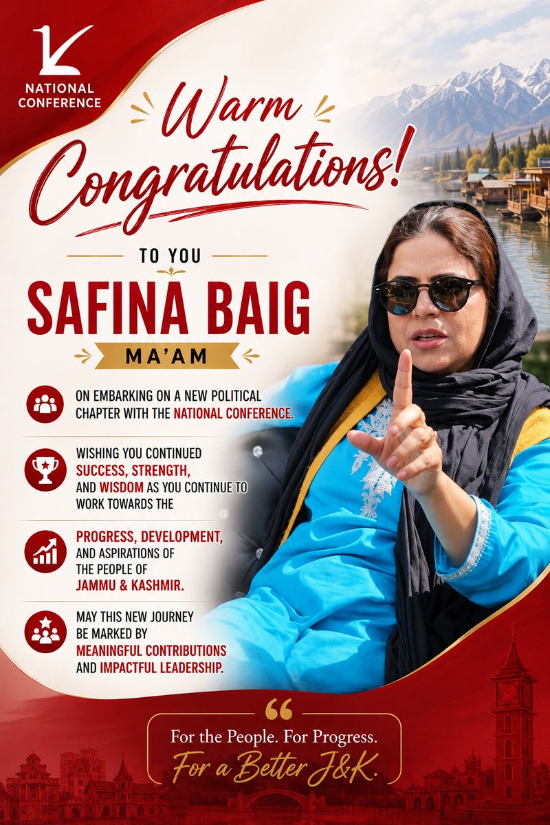 umerasdhwani's tweet photo. Heartiest congratulations to you @SafinaMBaig Ma'am on your new political journey with the @JKNC_ . Wishing you continued success, wisdom, and strength as you serve the people of Jammu &amp; Kashmir with dedication and vision.
@OmarAbdullah @Javedhbaigh @sakinaitoo @Muzaffar__Baig https://t.co/rsqulXHEHf