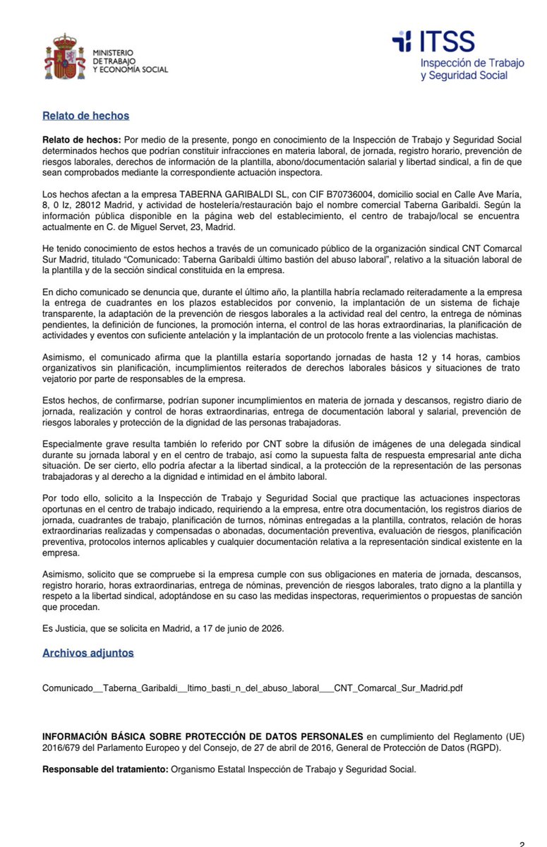 EmilioMontilla_'s tweet photo. 🔴🔥 | Denuncio a la Taberna Garibaldi de Pablo Iglesias ante la Inspección de Trabajo | 

A raíz del comunicado publicado por CNT, pongo en conocimiento de la Inspección los graves hechos allí descritos: presuntas jornadas de 12 y 14 horas, problemas con el registro horario, cuadrantes, nóminas, PRL y posibles vulneraciones de derechos laborales.

Si Iglesias no tiene nada que esconder, seguro que agradecerá que la autoridad laboral investigue y le dé la oportunidad de demostrar que la empresa cumple escrupulosamente con el Estatuto de los Trabajadores.