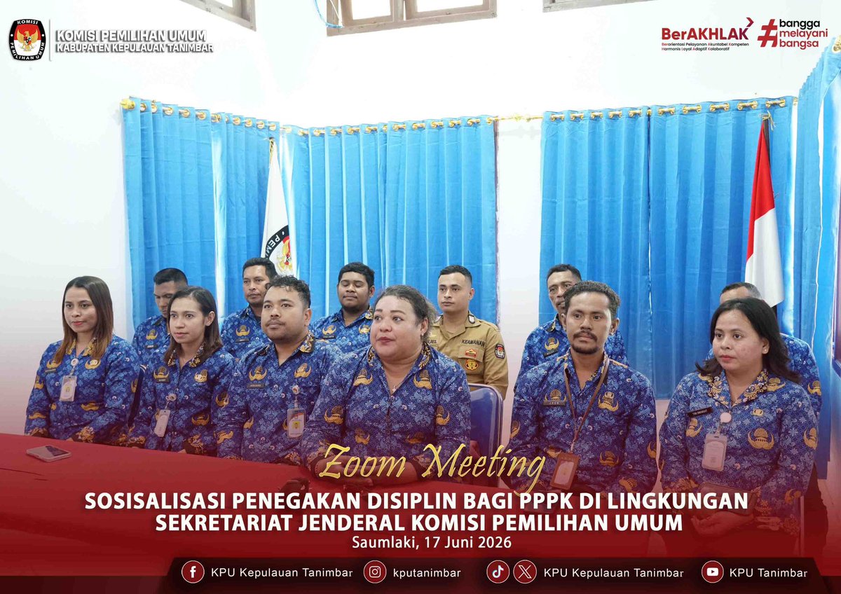 KpuTanimbar's tweet photo. #TemanPemilih, KPU Kabupaten Kepulauan Tanimbar mengikuti kegiatan Sosialisasi Penegakan Disiplin bagi Pegawai Pemerintah dengan Perjanjian Kerja (PPPK) di Lingkungan Sekretariat Jenderal KPU Republik Indonesia yang diselenggarakan secara daring melalui zoom meeting  (17/6) https://t.co/sXcmTmTogO