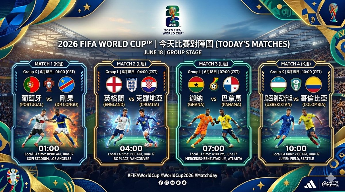 888_sats's tweet photo. 6月18日四場小組賽預測

①葡萄牙🇵🇹贏球沒問題，關鍵是昨晚梅西進了3個球，不知道C羅能夠進幾個？最可能的部分會落在2:0。
②英格蘭已克羅地亞九次交手，5勝2平2負。考慮到克羅地亞一眾老將的韌性，這場比賽最應該防的是平局。
③近況一塌糊塗的迦納其實是開不出初盤半球的，之所以開半球一是考慮到巴拿馬的嚴重傷停人員不齊，二是個人以為博彩公司早早就想好了用降盤來誘導你主隊打出有困難。如此，迦納反而可能小勝。
④哥倫比亞🇨🇴無論近況還是實力都高出烏茲別克斯坦許多，拿下比賽沒懸念。

個人意見非投資建議。@Polymarket