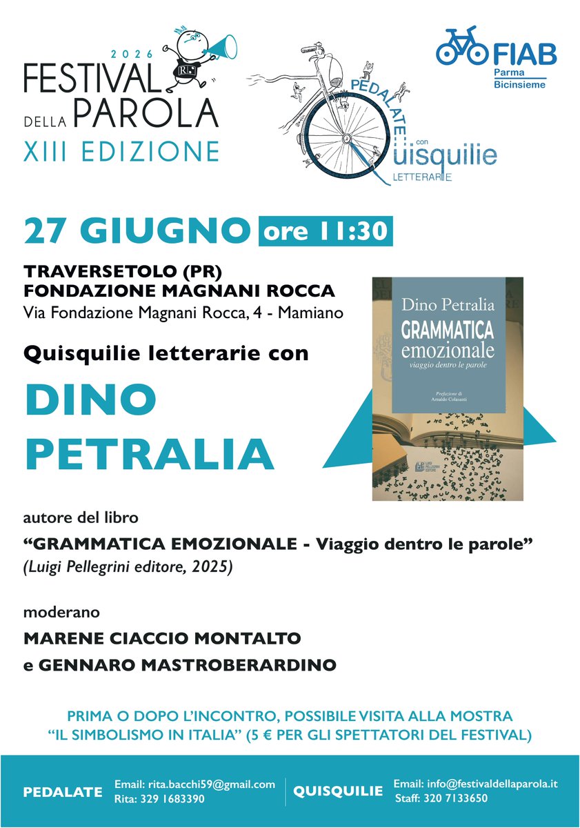 Traversetolo's tweet photo. 🚴📚 Il 27 giugno alle 11:30, alla Fondazione @MagnaniRocca di Mamiano (Traversetolo), appuntamento con Dino Petralia e il suo libro “Grammatica emozionale – Viaggio dentro le parole”. Nell'ambito del @Festival_Parola 2026. #FestivalDellaParola #FIABParmaBicinsieme https://t.co/KeUITMHVrH