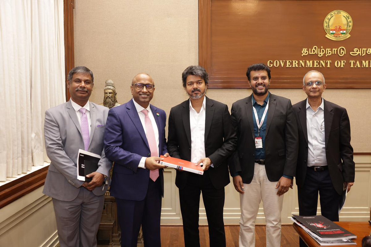nasscom's tweet photo. We thank Hon'ble Chief Minister of Tamil Nadu Shri C. Joseph Vijay for the meeting with Nasscom President Rajesh Nambiar, along with Shri Pradeep Yadav, IAS, Additional Chief Secretary to the Government of Tamil Nadu for the Information Technology and Digital Services Department and Shri R. Kumar, Hon'ble Minister for Artificial Intelligence, Information Technology and Digital Services  

 The conversation focused on:  

• Strengthening industry-government collaboration to accelerate Tamil Nadu's technology ecosystem

• Building a deeper pipeline of industry-ready digital talent to support the state's growth ambitions • Advancing AI readiness across sectors and enabling wider adoption of emerging technologies

• Advancing Tamil Nadu's position as a destination for technology investment, innovation, and digital infrastructure  Nasscom looks forward to continuing its collaboration with the Government of Tamil Nadu to support the state's technology and innovation ambitions.

@RNamb @CMOTamilnadu @TNITDepartment