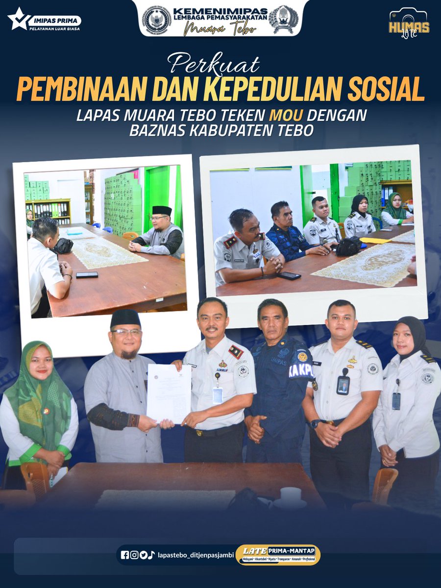 lapas_tebo's tweet photo. Perkuat Pembinaan dan Kepedulian Sosial, Lapas Muara Tebo Teken MoU dengan BAZNAS Kabupaten Tebo
Selengkapnya di: https://t.co/pddrT7x8o1
#KemenimipasRI
 #Guardandguide
 #Infoimipas
 #DitjenPas
 #SetahunBerdampak
 #ImipasSetahunBergerakBerdampak
 #Pemasyarakatan https://t.co/RUrnpf2C94