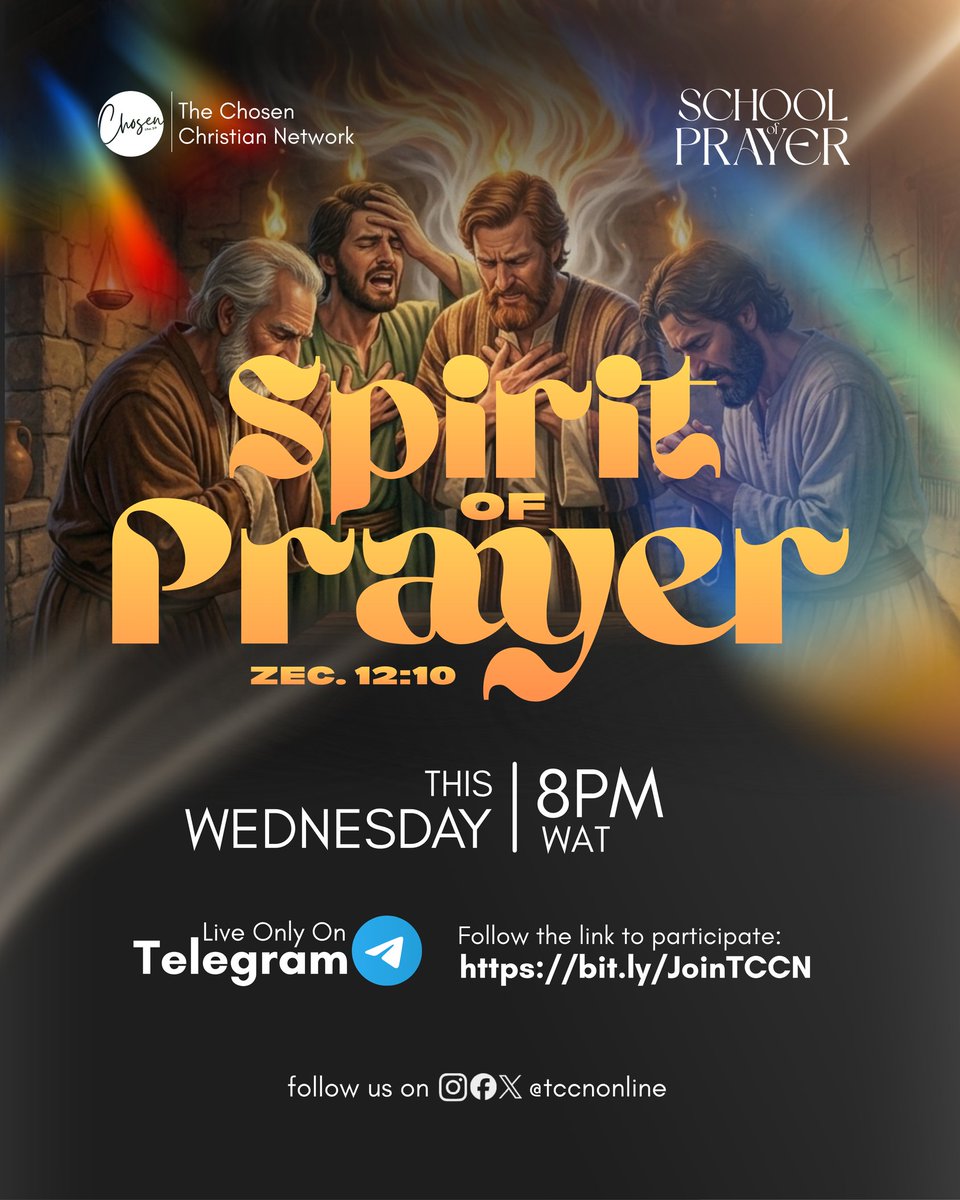tccnonline's tweet photo. Prayer is more than an activity - it’s a pathway to intimacy with God. When the Spirit of Prayer rests on a believer, prayer becomes a delight, not a burden.

Join us this Wednesday as we explore The Spirit of Prayer.

🗓 Wed | 🕗 8 PM (WAT)
📍 Telegram
🔗 https://t.co/zGTcg8d20v https://t.co/Yp517M9OA5