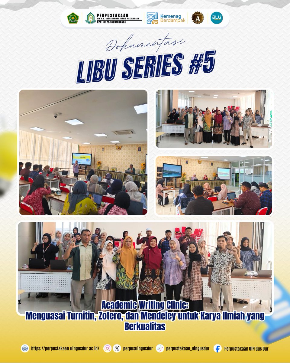 perpusuingusdur's tweet photo. Perpustakaan UIN K.H. Abdurrahman Wahid Pekalongan kembali menyelenggarakan kegiatan LiBu Series #5 dengan tema "Academic Writing Clinic: Menguasai Turnitin, Zotero, dan Mendeley untuk Karya Ilmiah yang Berkualitas." 📚✨
Melalui kegiatan ini, peserta mendapatkan pemahaman https://t.co/FHsQKked9f