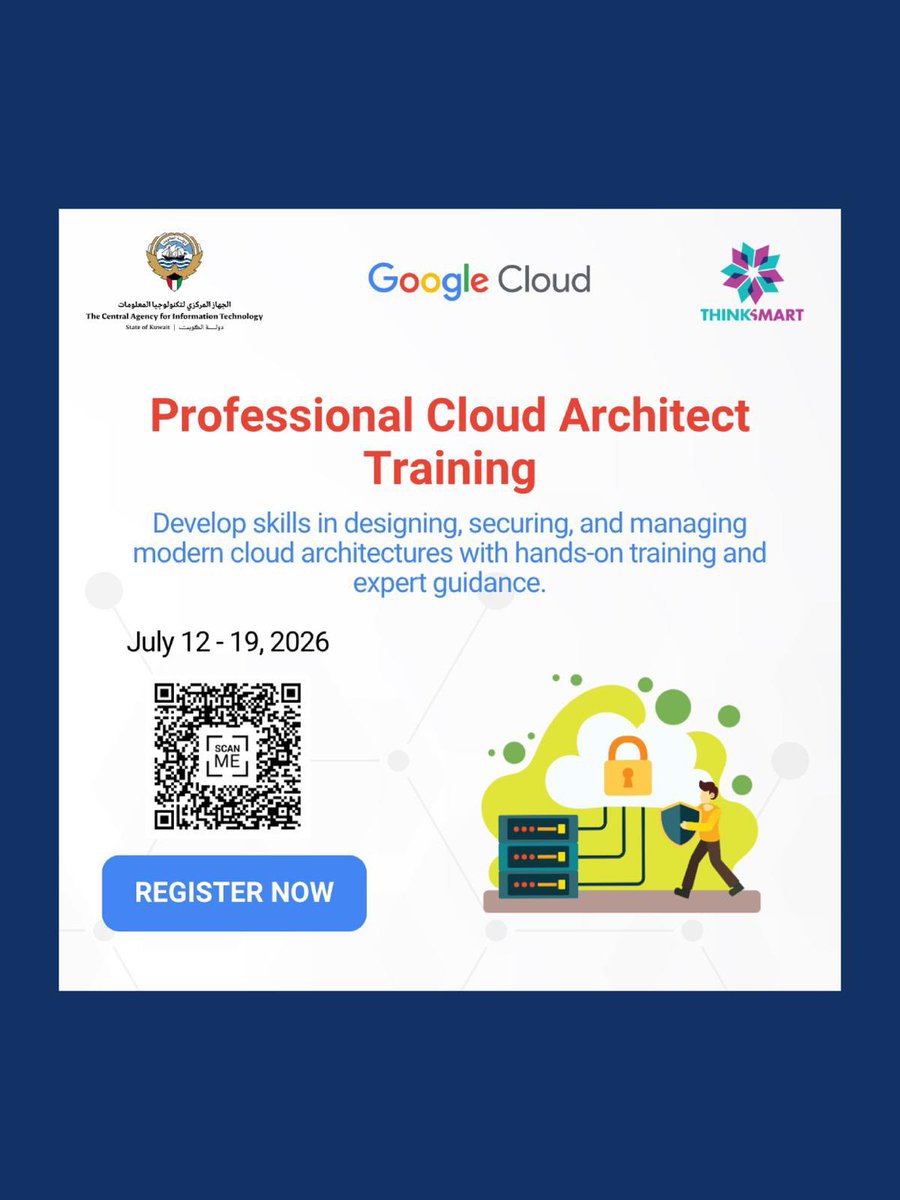 CAIT_KW's tweet photo. انضم إلى البرنامج التدريبي Professional Cloud Architect ضمن مبادرة الكويت الوطنية لتنمية المهارات الرقمية بالتعاون معGoogle Cloud .
📅 12-19  يوليو  2026
⏰ 8:00 صباحًا – 1:00 ظهرًا
📍 مدينة صباح السالم الجامعية
مسبق البرنامج:
Core Infrastructure

للتسجيل: https://t.co/mh7ltur3zv https://t.co/zklNgRyAOw