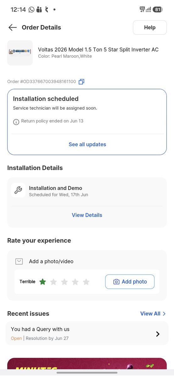munaajit's tweet photo. See, I can't eat your assurances.  Please fix it by EOD. Or take return your product.  I will by from amazon. Their customer service is fantastic then you. Fyi, When I talked to you local technician, they said they don't have my ticket. So you know what to do. https://t.co/YpZh5ItVsM