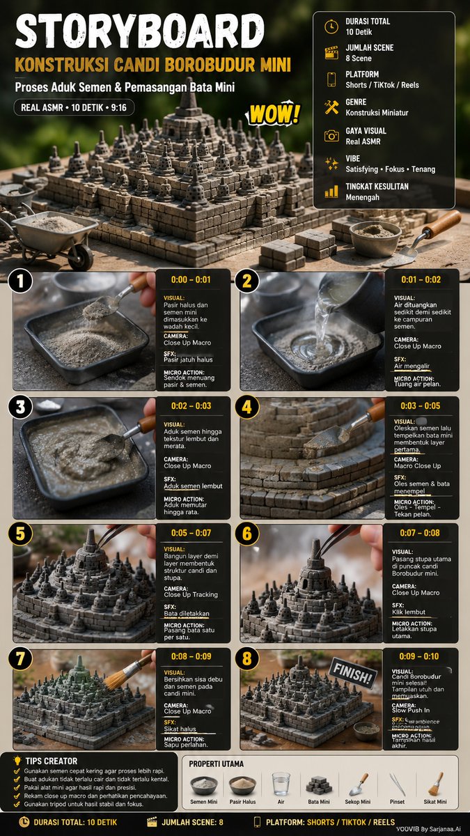 halinh_tdd's tweet photo. From a simple idea to a million-view video in just a few steps! 🚀

A 3-step process for those making ASMR/Miniature content: 
1️⃣ Copy the (optimized) prompt
2️⃣ Generate via Omni 
3️⃣ Post on TikTok/Reels
Effortless and super effective. If you’re making unboxing or DIY content, give this a try! 🛠️✨
#AI #ContentCreator #ASMR #Automation #DigitalMarketing

Prompt: A professional 8-panel storyboard infographic layout for a "Miniature Borobudur Temple Construction" tutorial. High-resolution, cinematic, dark charcoal and slate grey background with clean minimalist white lines. The layout features a central large header area at the top for title, and 8 organized square frames arranged in a grid for step-by-step instructions. The overall style is modern, sleek, industrial, and highly professional. Space for icons and text descriptions included. 8k, photorealistic, architectural design style. --ar 9:16
 1 : Pasir halus dan semen mini dimasukkan ke wadah kecil.

 2 : Air dituangkan sedikit demi sedikit ke campuran semen.

3: Aduk semen hingga tekstur lembut dan merata.

4 : Oleskan semen lalu tempelkan bata mini membentuk layer pertama.

 5 : Bangun layer demi layer membentuk struktur candi dan stupa.

 6 : Pasang stupa utama di puncak candi Borobudur mini.

 7 : Bersihkan sisa debu dan semen pada candi mini.

 8 : Candi Borobudur mini selesai! Tampilan utuh dan memuaskan.