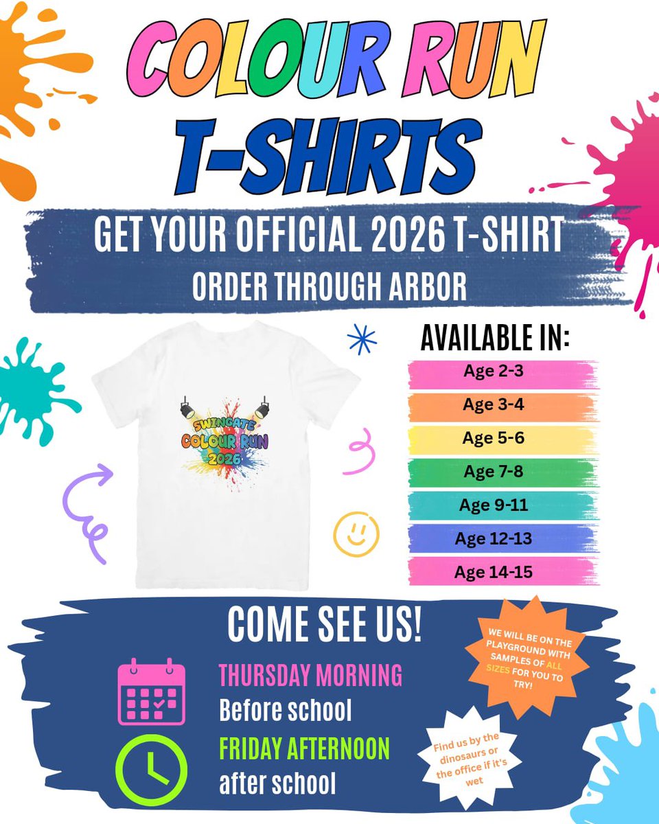 SCCswingatePTA's tweet photo. @SwingatePrimary SCC will be on the playground tomorrow morning and Friday after school with some sample t shirts for size checks. Come and see us if you’re still thinking of getting one for the 2026 colour run! https://t.co/WPM06DWo8P