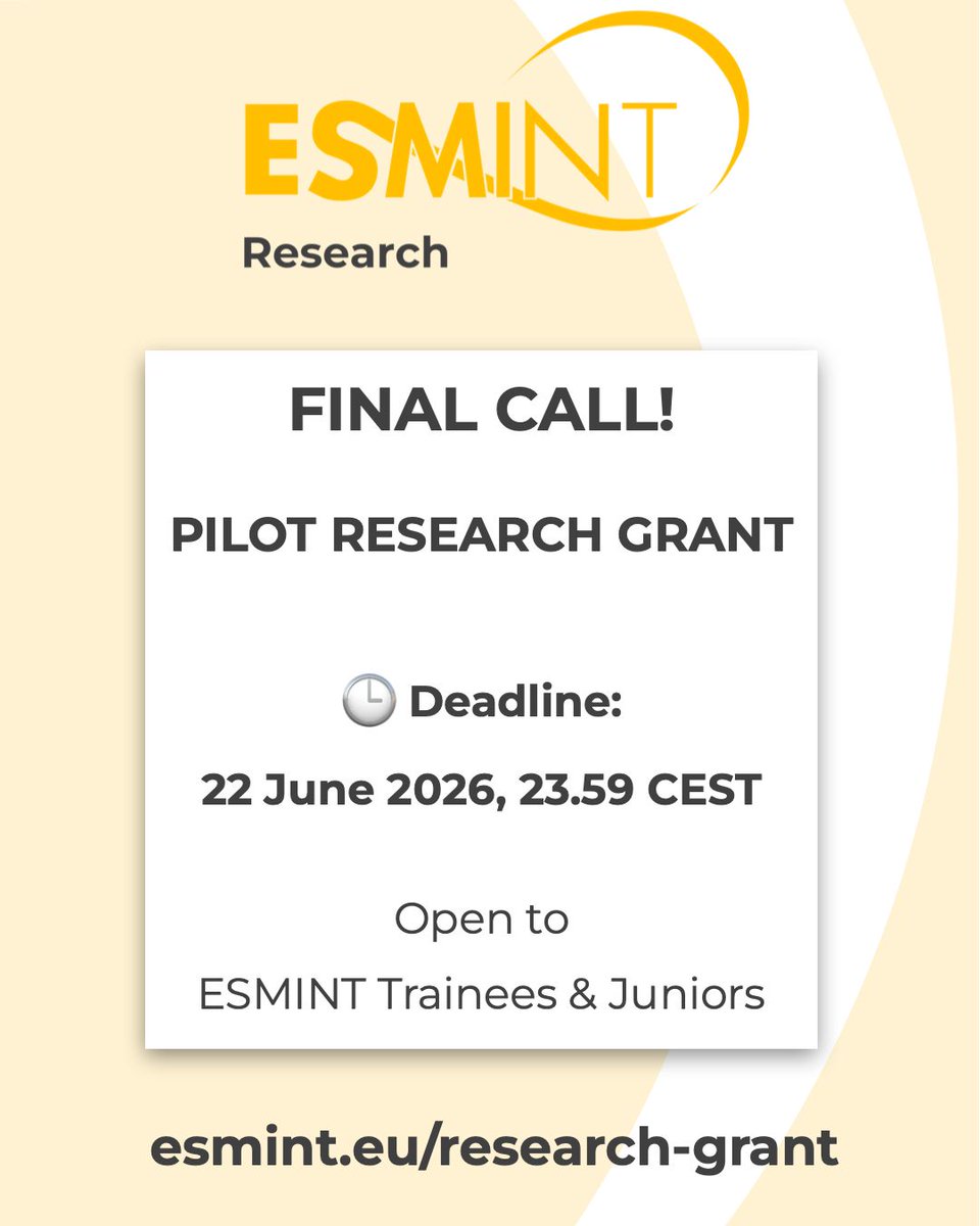 esmintsociety's tweet photo. 🔬 ESMINT Pilot Research Grant 2026

💶 Up to €10,000 per project
🏆 Up to 2 grants
👩‍⚕️ For ESMINT trainees &amp; junior physicians

📅 Apply by 22 June 2026

Support innovative neurointerventional research and generate data for future funding.

🔗 https://t.co/CeCtbFwiq3 https://t.co/AaP4hVoV64