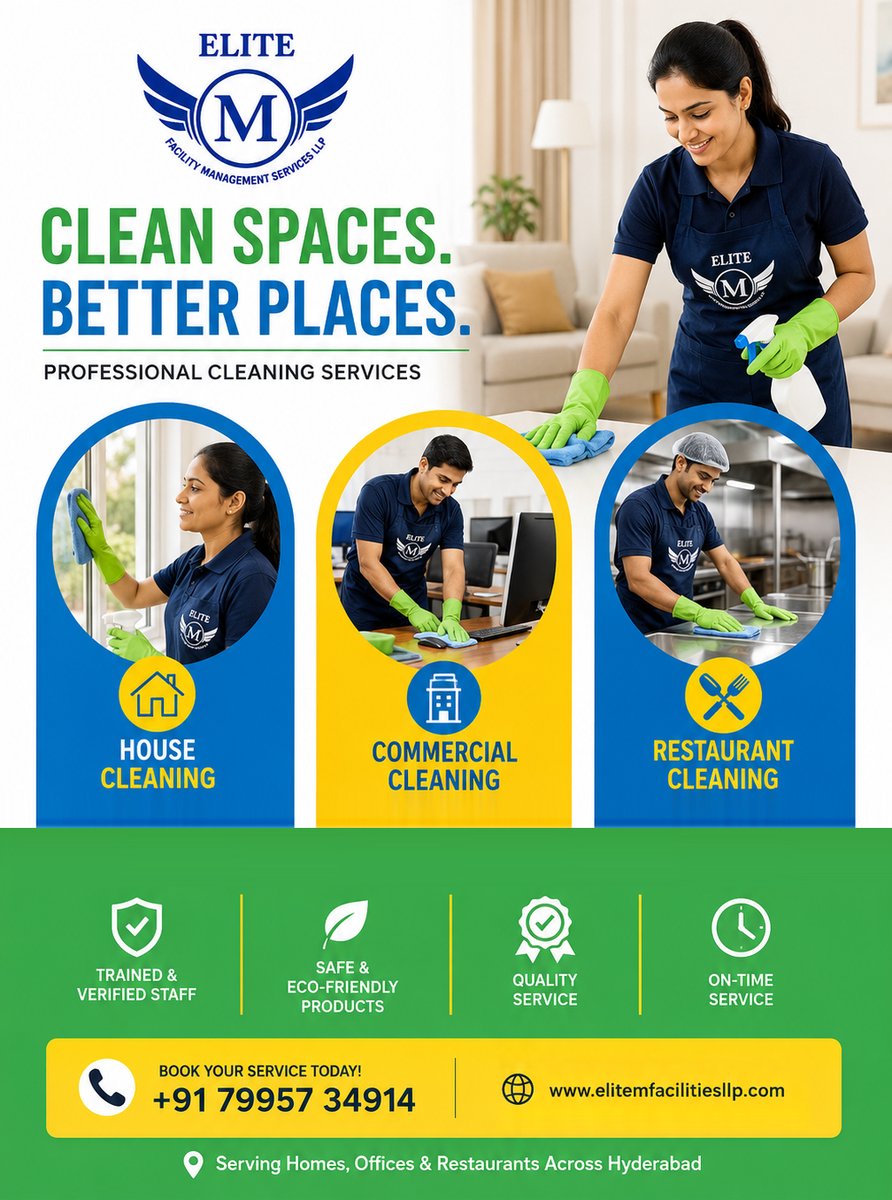 ElitemLlp's tweet photo. ✨ One Trusted Partner for All Your Cleaning Needs! 
Keep your spaces spotless, hygienic, and welcoming with Elite M Facility Management LLP.

🏠 House Cleaning
🏢 Commercial Cleaning
🍽️ Restaurant Cleaning

📞 Book 79957 34914 | 80741 28145

#EliteMFacilityManagement #HouseClean https://t.co/750BXbSpR4