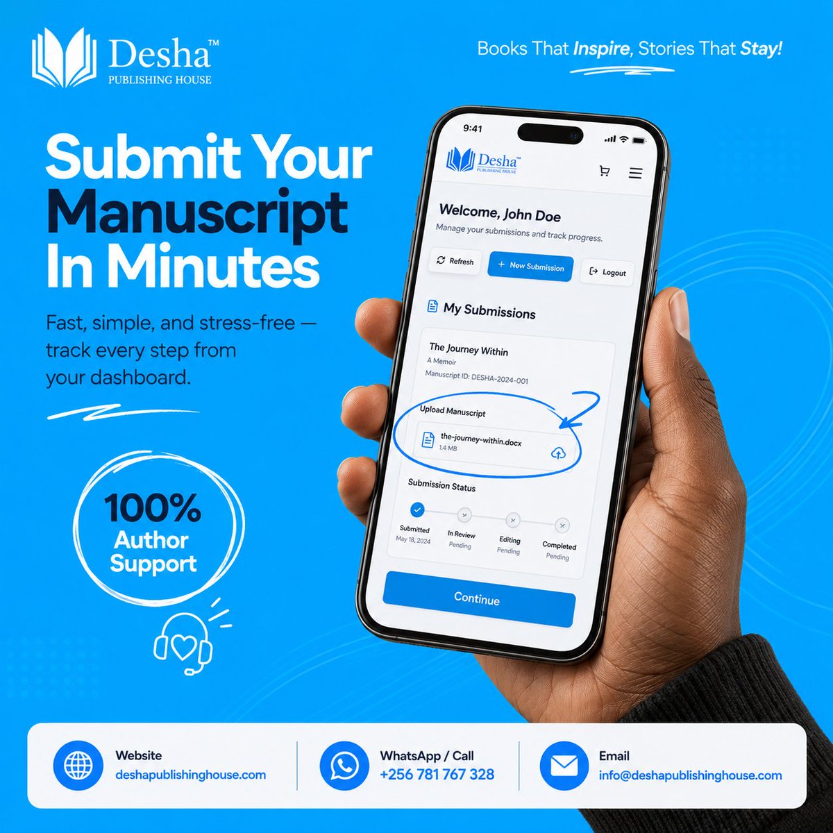 DeshaPublishing's tweet photo. We built the easiest manuscript submission experience for African authors. Fast. Simple. Stress-free. With 100% author support every step of the way.

Submit yours today → https://t.co/wwfNQhLCAy https://t.co/QvT8sw82Gh