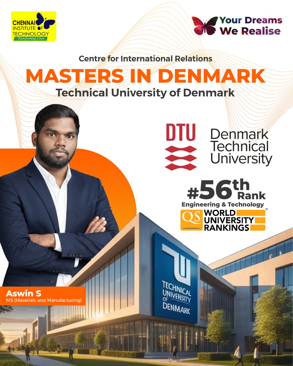 citchennai's tweet photo. CIT Chennai Goes Global Once Again!
Huge congratulations to Aswin S (Mech) for securing admission to the prestigious Technical University of Denmark (DTU) for his Master’s in Materials and Manufacturing!
#CITChennai #GlobalSuccess #MechanicalEngineering #DTU #HigherStudies https://t.co/s7MaZlcVUQ