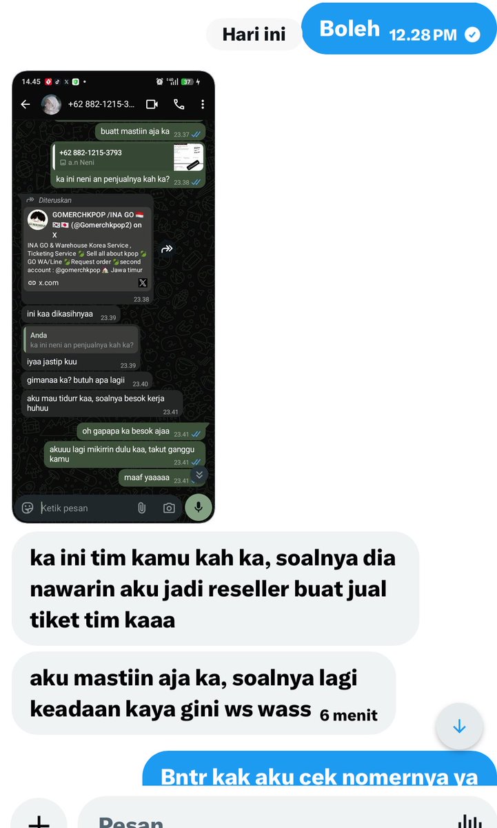 Gomerchkpop2's tweet photo. #rt
Halo guys, maaf guys aku buat  thread baru lagi . Aku cuma mau informasikan  Scammer mengatas namakan Go/ jastipku (BTS in Jakarta)

Hari ini aku mendapatkan laporan ,mohon lebih hati-hati ya. Ada pihak yang mengatasnamakan grup jastip kami @gomerchkpop  untuk melakukan penipuan. oknum tersebut mengaku jadi team war kita dan   menjual tiket BTS,  VIP PACKAGE C dan Tiket atas nama “NENI NURYANTI” data ini tidak ada di jastip kami , dan oknum tersebut juga tidak ada di grup team kita , kami sudah mengirim pesan tapi oknum tersebut memblokir wa kami, Sebelum transfer atau melakukan transaksi apa pun, pastikan dulu identitas orang yang menghubungi kalian. Jangan sampai karena terburu-buru malah jadi korban.
Tolong bantu sebarkan juga supaya makin banyak yang aware. Terima kasih 🙏

Toloh hati hati dengan nomer tlp/wa ini : +62 882-1215-3793