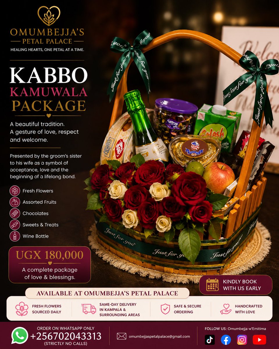 OPetalPalace's tweet photo. 🌹 Some gifts are beautiful. Others become part of a family’s story.

Introducing our KABBO KAMUWALA Package by Omumbejja’s Petal Palace ❤️

A cherished gesture traditionally presented to a bride as a symbol of love, acceptance, blessings, and a warm welcome into her new family. https://t.co/4soNe7zF9P