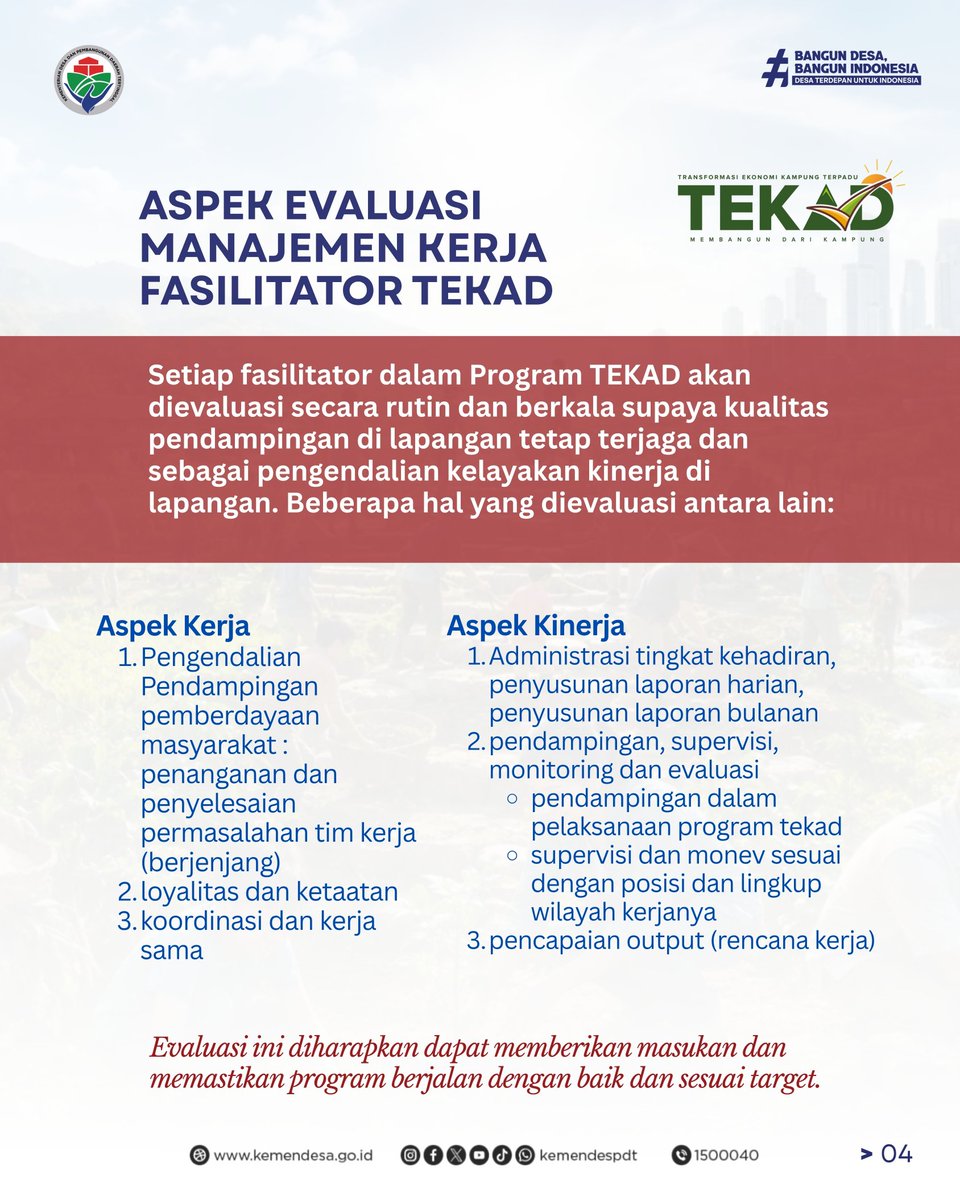 kemendespdt's tweet photo. Melalui Program TEKAD, setiap proses pendampingan dilakukan secara berjenjang, mulai dari tingkat desa hingga pusat. Selain itu, fasilitator juga dievaluasi secara berkala untuk memastikan program berjalan tepat sasaran, akuntabel, dan memberikan dampak nyata bagi masyarakat desa https://t.co/GYCM3m0UDk