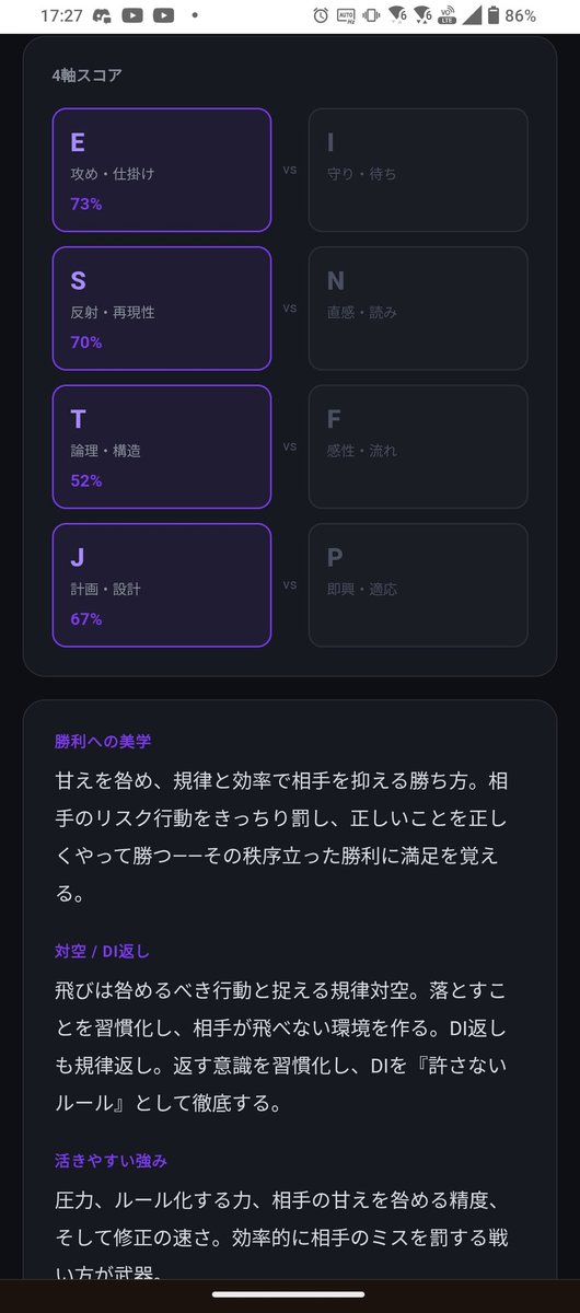 isoniku's tweet photo. やはりコマ投げは全てを解決する。

私の格ゲー認知タイプは【ESTJ・統率者型】でした！
認知スタイル：圧力×反射×観察
#格ゲー認知診断 #StreetFighter6 https://t.co/Q0iieJRsfj