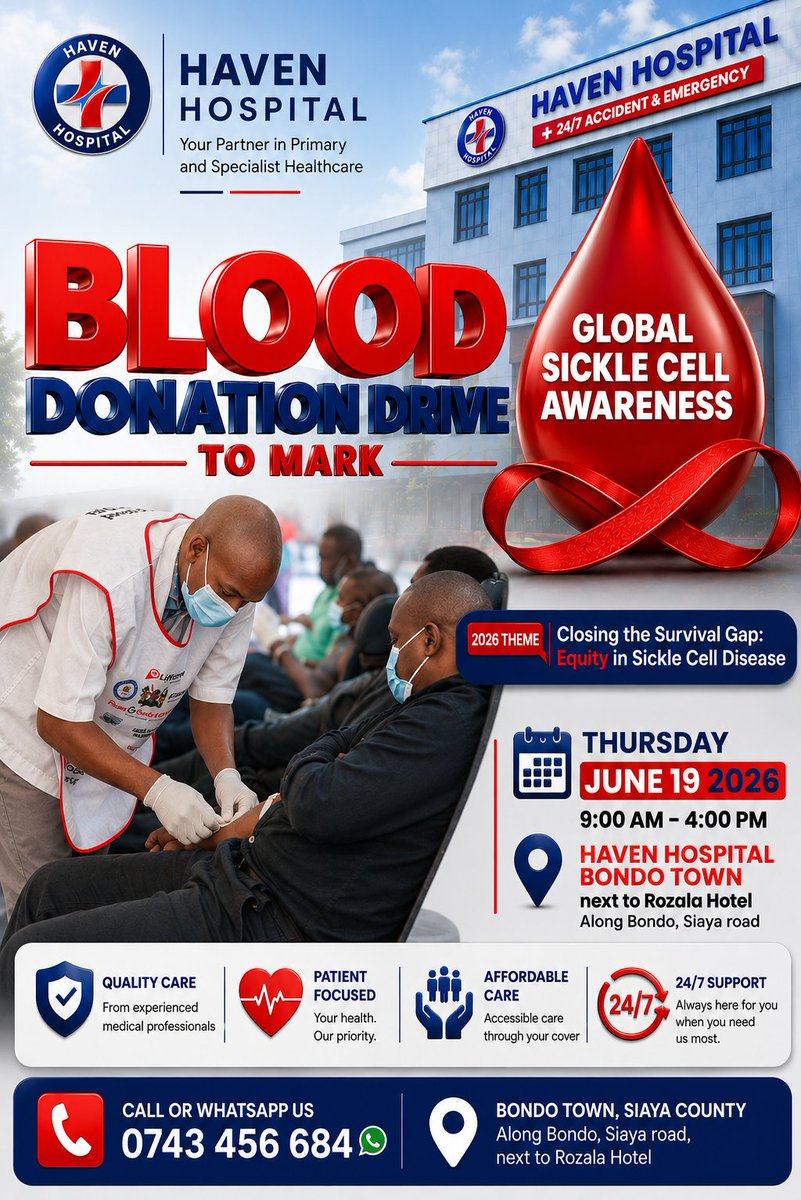 havenbondo's tweet photo. Haven Hospital invites you to blood drive this as we raise awareness about sickle cell. Your blood donation will save a life of a person living with sickle cell disease and others in need.

Come with a friend, two friends or more
FRIDAY, 19th, JUNE, 2026 | 9:00 AM – 4:00 PM https://t.co/QLhUromi0x
