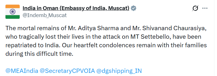 kishtwartimes1's tweet photo. Embassy of India in Oman says, "The mortal remains of Mr. Aditya Sharma and Mr. Shivanand Chaurasiya, who tragically lost their lives in the attack on MT Settebello, have been repatriated to India."

#MTSettebello
#AdityaSharma
#ShivanandChaurasiya
#Oman
#Iran https://t.co/rOZv2OAr17