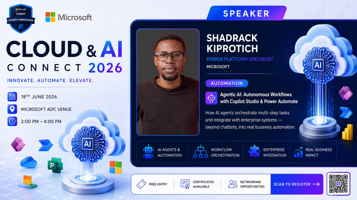 Vi_brant_'s tweet photo. Move beyond the basic chatbot. 🤖

Tomorrow at #CloudAndAIConnect2026, Microsoft Power Platform Specialist @myles_shadrack  unlocks Agentic AI—showing you how to build autonomous enterprise workflows with Copilot Studio &amp; Power Automate. 🛠️
AgenticAI #PowerPlatform #Automation https://t.co/QhG5YZicQK
