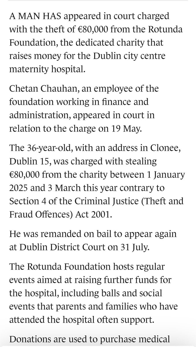 PeterPaulGuy's tweet photo. 🇮🇪 Ireland - 17th June 2026

Indian national charged with stealing €80,000 from Rotunda Hospital charity in Dublin 🇮🇳 

Chetan Chauhan, an employee of the foundation working in finance &amp; administration, appeared in court on 19th May 🇮🇳 💰 https://t.co/BLfOl0UQry