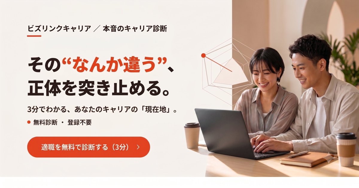 bizlink_career's tweet photo. 20代の転職率、実は下がってることご存知ですか。
求人は過去最高水準なのにです。

「とりあえず転職」をやめて、見極める人が増えた。

その"見極め"でつまずく人の共通点を断定的に置いておきます。

・「年収が不満」と言う人の多くは、本当は"成長の停滞"が不満
・隣の会社が良く見えるのは、自分の優先順位が言葉になっていないから
・転職した人の半分以上は、辞める前から停滞感を抱えていた。サインは、前から出ている
・「向いてる仕事」を探す前に、「自分が何を大事にしているか」を知るほうが先
・現状維持か転職かを"感情"で決めると、だいたい後悔する。決め手は"軸"

あなたの不満は年収ですか。
それとも停滞ですか。

3分で「大事な軸」と「満たされてない軸」を切り分けてみてください。

▼本音のキャリア無料診断はこちら
https://t.co/OcFaUXd4X7