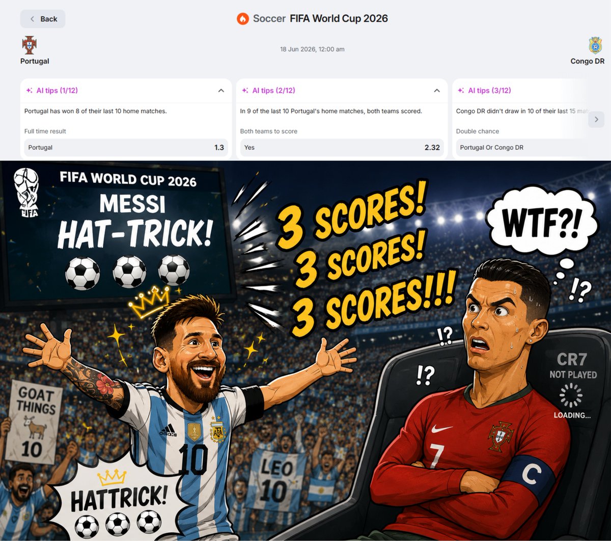 0xFattDeFi's tweet photo. 5 days into the biggest football tournament on the planet...

How are we feeling so far? 👀

▸Three red cards at first match already.
▸Asia came out swinging and shocked half the bracket.
▸Even Spain got held to a draw when most people expected a comfortable win.

And today?

➜ Messi just reminded everyone why he's still Messi.

A hat-trick on the biggest stage.

Now all eyes turn to Portugal 🇵🇹 vs Congo 🇨🇬.

❓Maybe the biggest question of the night: Do you still believe in CR7?

And ICYMI: Speaking of making the tournament even more exciting, @1winPro is currently running a massive $5M World Cup competition.

5k players will share the prize pool, and the leaderboard keeps changing every day as the tournament unfolds.

Honestly, with the chaos we've already seen in just 5 days...

This World Cup might end up being one of the craziest yet.

Portugal fans, what's your score prediction tonight? 👇