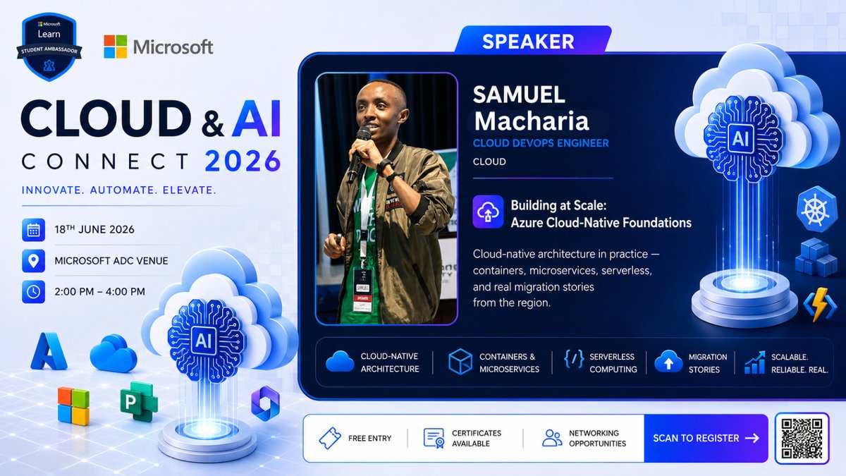 Vi_brant_'s tweet photo. Ready to take your cloud infrastructure to blistering scale?
Join Cloud DevOps Engineer Samuel Macharia tomorrow at #CloudAndAIConnect2026 for a deep dive into Azure cloud-native foundations, containers, serverless, and real regional migration stories.
#DevOps #CloudNative #Azure https://t.co/BSORKcVBNR
