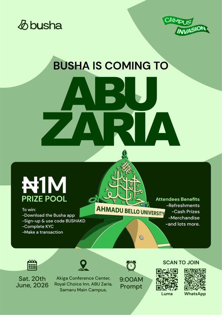 MBolaCrypto's tweet photo. In just 3 days, I’ll be hosting the @getBusha Campus Invasion at Ahmadu Bello University, Zaria bringing together students, builders, creators, and aspiring professionals to explore opportunities at the intersection of technology, finance and innovation.

As someone committed to expanding Web3 adoption across Africa, I’m excited to help create a space where young people can learn, network, and discover career opportunities while connecting with one of Africa’s leading crypto platforms.

Whether you’re already in Web3 or just curious about the space, this is an opportunity to meet like-minded people, gain valuable insights, and be part of a growing community.

📅 20 June 2026
⏰ 9:00 AM Prompt
📍 Akiga Conference Center, Royal Choice Inn, ABU Zaria

If you haven’t registered yet, now is the time.

🎟️ Registration: https://t.co/mue1DYQIvx
🔑 Invitation Code: MBolaCrypto

Looking forward to welcoming everyone in Zaria. See you in 3 days! 

#Kaduna #Arewa #ABUZaria #Web3intheNorth