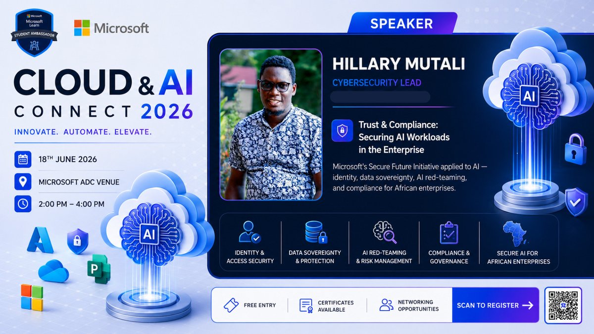 Vi_brant_'s tweet photo. Enterprise AI is nothing without security. 🔒

Tomorrow at #CloudAndAIConnect2026, Cybersecurity Lead Hillary Mutali drops the blueprint on securing AI workloads, identity, and data sovereignty for African enterprises. 🌍✨

#Cybersecurity #AISecurity #Azure https://t.co/YkTLVSZXm1