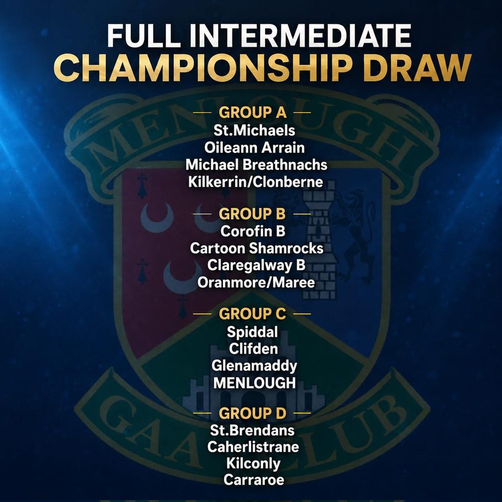 MenloughGaaClub's tweet photo. 2026 Galway intermediate football draw. Menlough will play in group C with Spiddal, Clifden, and Glenamaddy. https://t.co/9GasSjaakz