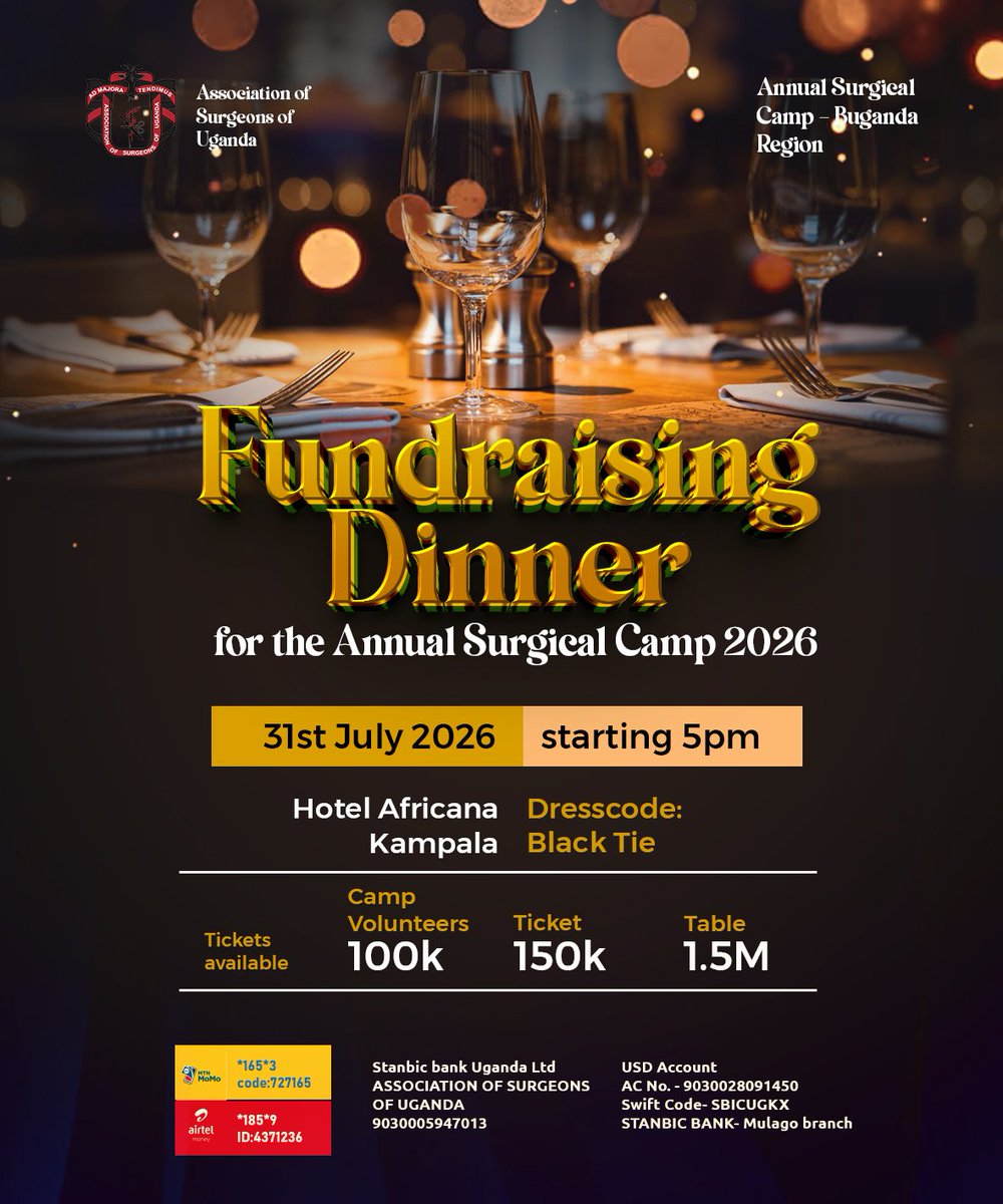 ASOU_Official's tweet photo. Dine at Hotel Africana, fund a surgery, and save a life! 🍷
.@ASOU_Official invites you to a night of elegance at the Annual Surgical Camp - Buganda Region Fundraising Dinner 2026. July 31st, 2026 | 5:00 PM Hotel. 
Your presence creates real, life-saving impact. Get your tickets today and tag who you're bringing! 👇 @nbstv
@ntvuganda @DailyMonitor  #ASOU  #AnnualSurgicalCamp2026 #BugandaRegion #FundraisingDinner #SurgeryForAll #GiveBackUG #MedicalCharity #SaveALife #DineWithPurpose