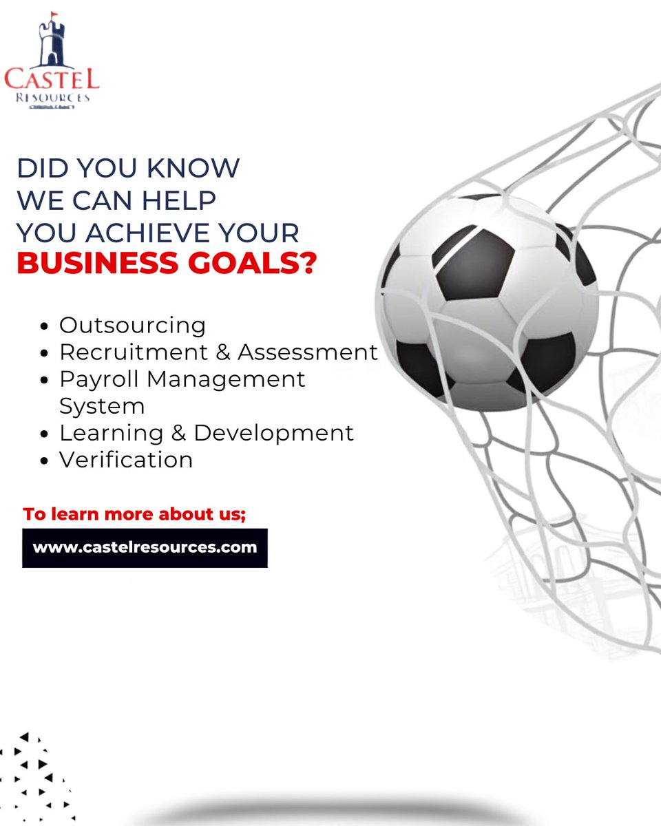 Castelresources's tweet photo. Every goal needs the right strategy to score. 🥅

Your business goals are no different.
Outsourcing. Recruitment. Payroll. L&amp;D. Verification.

Let Castel Resources help you hit the back of the net. 

#CastelResources #BusinessGoals #HRSolutions #PortHarcourt https://t.co/MbKIpXuXLH