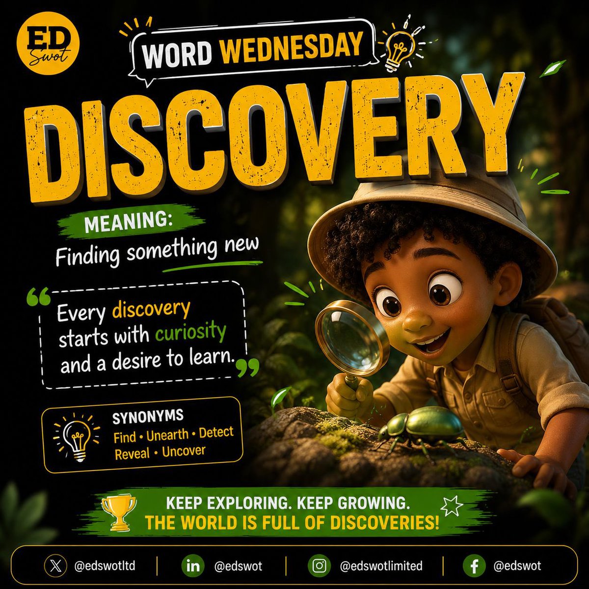 edswotltd's tweet photo. #WordWednesday

DISCOVERY ✨

Meaning: Finding something new.

Every achievement begins with curiosity. Every invention starts with a discovery.

At Edswot, we help students discover their full potential through expert tutoring.

👉 https://t.co/Zubpou7r1S

 #OnlineTutoring https://t.co/S7m1nZub3z