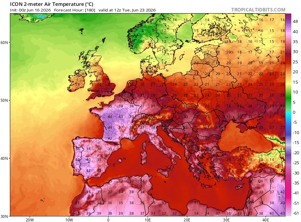 Stormyalert's tweet photo. Nosotros tendremos calor para días, pero me parece más preocupante y significativo el calor que puede hacer en Francia, hasta 43-45°C! 🔥🌡️
#euwx #Meteo #Weather #Chaleur #Calor https://t.co/G2yN4TbO98