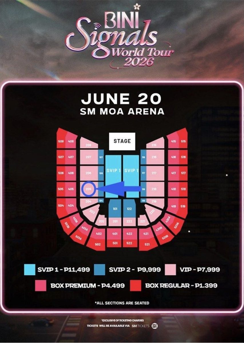 rin3547y's tweet photo. 🎟️ WTS | BINI SIGNALS WORLD TOUR 🇵🇭
📅 Date: June 20, 2026
SM MOA ARENA

✨ Ticket Information
• Section: VIP 205
• Row: C
• Seat: 7

📩 DM if interested. Legit seller and can provide proof upon request.
#BINI #BINISignalsWorldTour #BINIverse #Blooms #WTS #MOAArena https://t.co/AHGFag1NR2