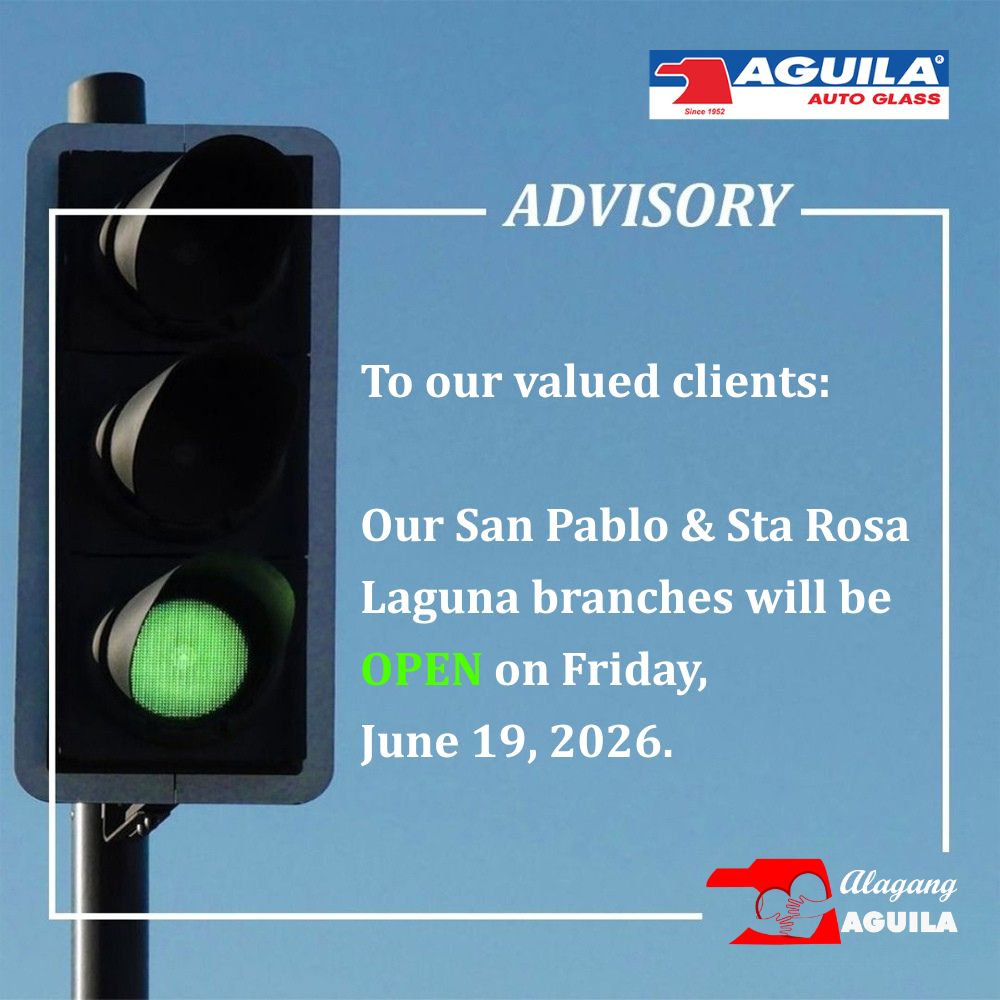AguilaAutoGlass's tweet photo. 𝐀𝐍𝐍𝐎𝐔𝐍𝐂𝐄𝐌𝐄𝐍𝐓!📣

Our San Pablo and Sta. Rosa Laguna branches will be 𝐎𝐏𝐄𝐍 on Friday, June 19, 2026.

𝐒𝐀𝐍 𝐏𝐀𝐁𝐋𝐎 𝐋𝐀𝐆𝐔𝐍𝐀 𝐁𝐑𝐀𝐍𝐂𝐇
Address: Alyssa’s Arcade, Km. 77, Maharlika Highway, San Benito, Alaminos, Laguna
Mobile Nos.: 0917.542.3968 / 0998.961.2715

📍𝐆𝐞𝐭 𝐝𝐢𝐫𝐞𝐜𝐭𝐢𝐨𝐧𝐬
Google Maps: https://t.co/cqznA6NA0b
Waze: https://t.co/JxKxOhHDg4

𝐒𝐓𝐀. 𝐑𝐎𝐒𝐀 𝐋𝐀𝐆𝐔𝐍𝐀 𝐁𝐑𝐀𝐍𝐂𝐇
Km. 44 Brgy. Pulong, Sta. Cruz, Sta. Rosa, Laguna
Mobile Nos.: 0917.622.9430 / 0998.964.3743

📍𝐆𝐞𝐭 𝐝𝐢𝐫𝐞𝐜𝐭𝐢𝐨𝐧𝐬
Google Maps: https://t.co/tkIhk2LVEL
Waze: https://t.co/YpvDujK5lC

For other inquiries and concerns, you may give us a call at: (8)-6345277
09178845277-Globe
09189248452-Smart
or message us on our Facebook Page.
https://t.co/sXuu1q9HEY Thank you!

#74YearsofLeadership #AguilaAutoGlass #AlagangAguila #Windshieldreplacement #autoglassreplacement #autoglassinstallation #aguilastarosa #aguilasanpablo