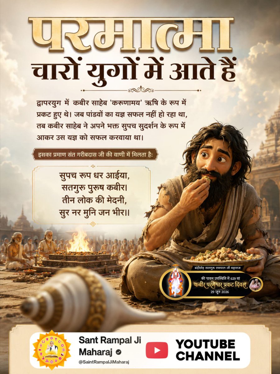 vikrams14153116's tweet photo. #परमात्मा_चारों_युगमें_आतेहैं
#परमात्मा_चारों_युगमें_आतेहैं
द्वापरयुग में कबीर साहेब 'करुणामय' ऋषि
के रूप में प्रकट हुए थे। जब पांडवों का यज्ञ सफल नहीं हो रहा था, तब कबीर साहेब ने
अपने भक्त सुपच सुदर्शन के रूप में आकर
उस यज्ञ को सफल करवाया था।
God Kabir In 4Yugas https://t.co/FMMMUrjob7