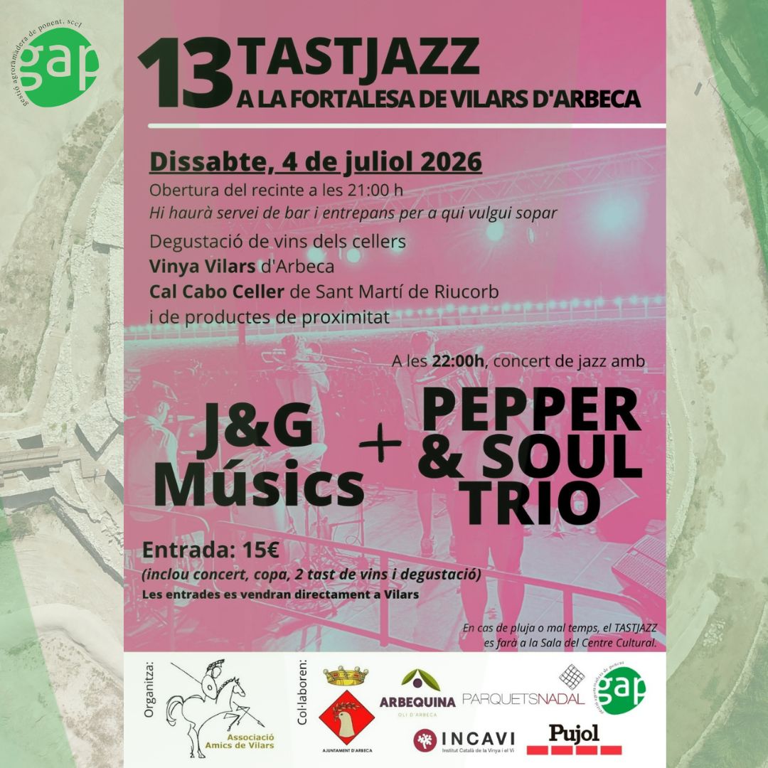 gapcooperativa's tweet photo. 🎷 La Fortalesa dels Vilars d'Arbeca acollirà el 4 de juliol la 13a edició del #TastJazz.🎶 J&amp;G Músics + Pepper &amp; Soul Trio +🍷 Tast de vins i productes de proximitat. Des de #GAPCooperativa celebrem donar suport a iniciatives que fan créixer el territori. 💚 https://t.co/b2XnCJJFTx