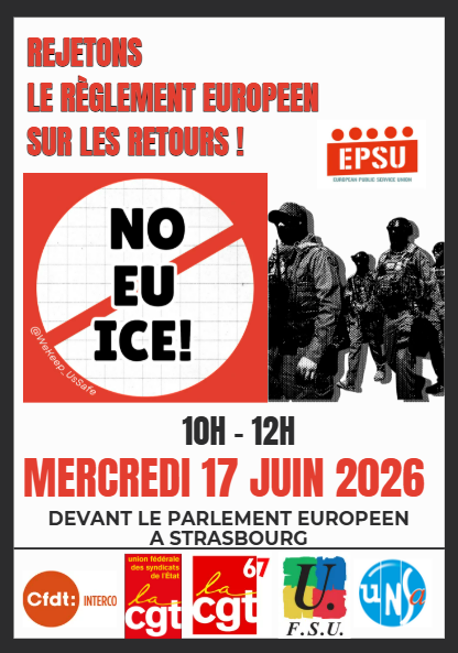 UnsaFP's tweet photo. 🚨 NON au règlement européen sur les retours !

Aujourd’hui, nous nous mobilisons aux côtés de l’EPSU et de nos partenaires syndicaux pour dénoncer un texte qui ouvre la voie à des mesures inacceptables.
#NoICEinEurope #UNSA #FonctionPublique @epsu@EPSUnions #UNSA67 https://t.co/88jIAcRU9P