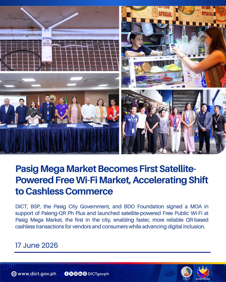 DICTgovph's tweet photo. Pasig Mega Market Becomes First Satellite-Powered Free Wi-Fi Market, Accelerating Shift to Cashless Commerce
Read full press release here: https://t.co/pnPZBl3BcV
#DICT #PasigCity #PalengQR #Connectivity #DigitalPayments #DigitalBayanihan #BagongPilipinas https://t.co/y9nR2wJfdu