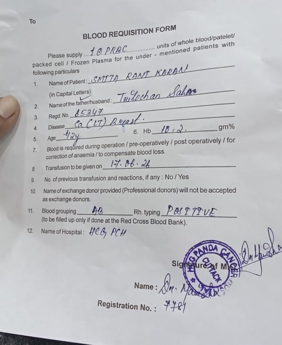 TheChandraSB's tweet photo. Urgent requirement of 1 unit of AB+Ve blood at Red cross Cuttack, before 5 PM today. Patient is at HCG Panda Cancer hospital. 
Please help, Patient’s Attendant - +91 89840 87303
@BloodAid @Blood4NeedyIN @24helloblood @BloodDonorsIn https://t.co/V5T55NgAZa