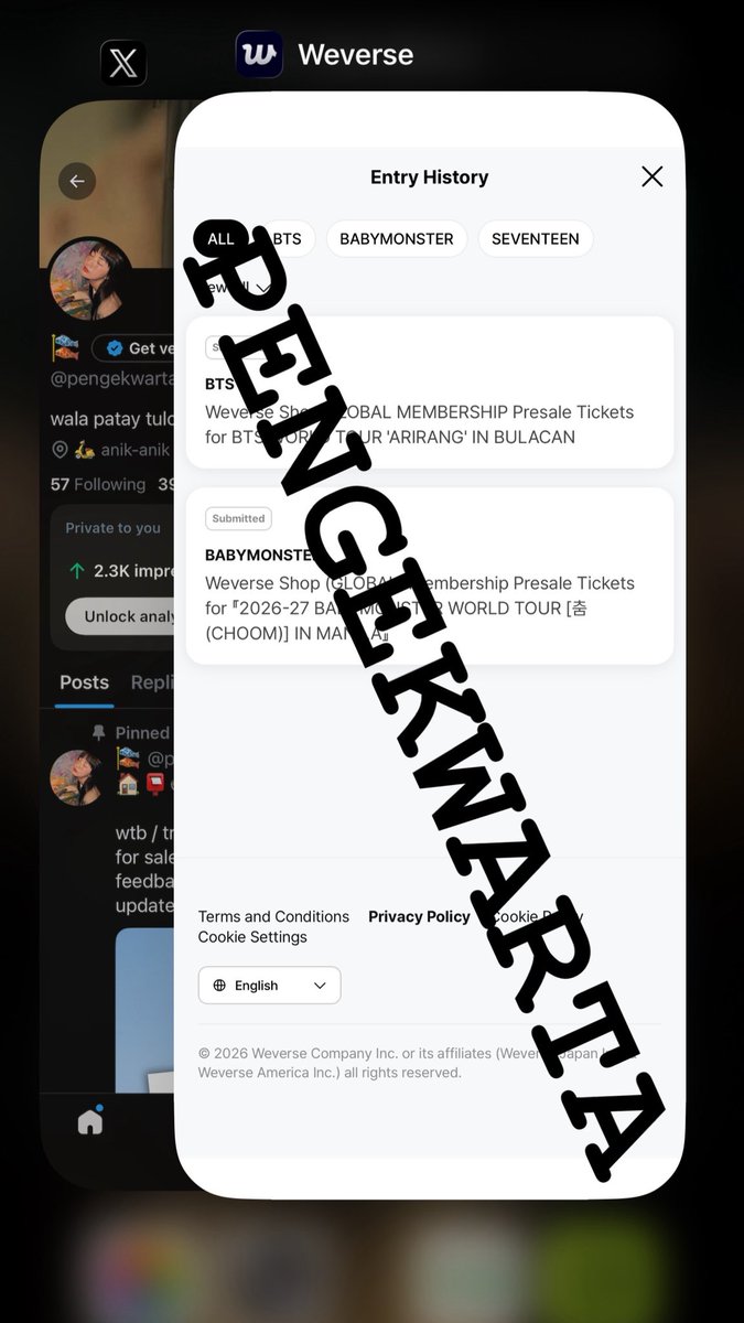 CVNTYPOP's tweet photo. #presyongdivisoria , wts lfb ph

   bts ‘arirang’ world tour in bulacan army membership pre-sale code🧾 ₱1,200 ea 

     ( 📆 )   payo only
     ( 📟 )   dm to claim ◡̈

⌗ day 3 mem presale wv wev weverse https://t.co/bhpYWmqW0n