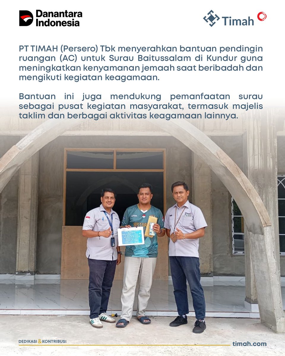 Official_TIMAH's tweet photo. PT TIMAH terus mendukung kegiatan sosial keagamaan masyarakat. 🙏

Melalui bantuan pendingin ruangan untuk Surau Baitussalam di Kundur, PT TIMAH berharap jemaah dapat beribadah dengan lebih nyaman serta mendukung berbagai aktivitas keagamaan dan kemasyarakatan.

#PTTIMAH https://t.co/T13PSobZcL