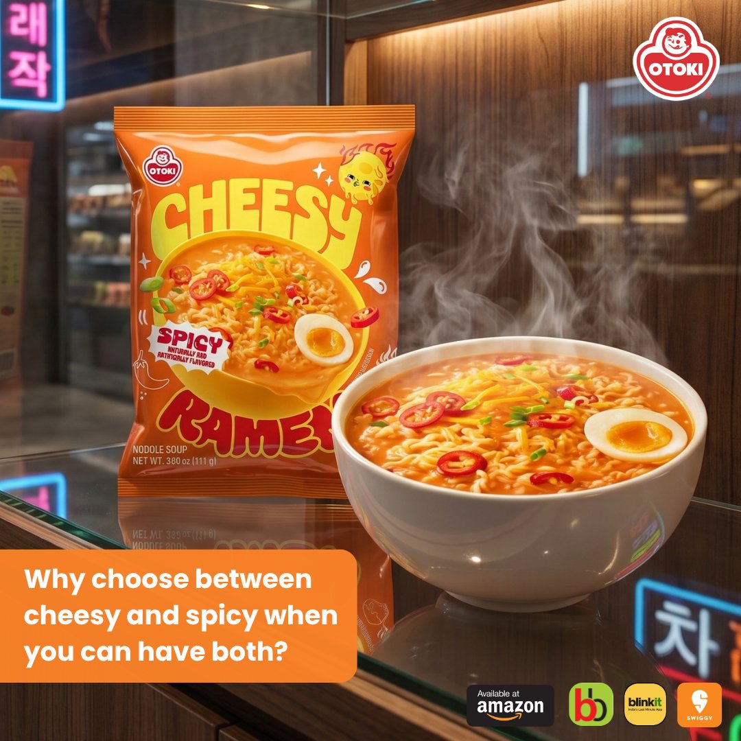 Otoki_India's tweet photo. 🍜🔥 Turn up the flavor with Otoki Cheesy Spicy Ramen!
One bowl. Two irresistible flavors. Endless cravings. 🧀❤️
.
🛒 Available on Amazon | BigBasket | Blinkit | Swiggy
Checkout Our Store - https://t.co/QtpfePsZrR
#Otoki #Ramen #Jinramen https://t.co/EYzt0bt5nB