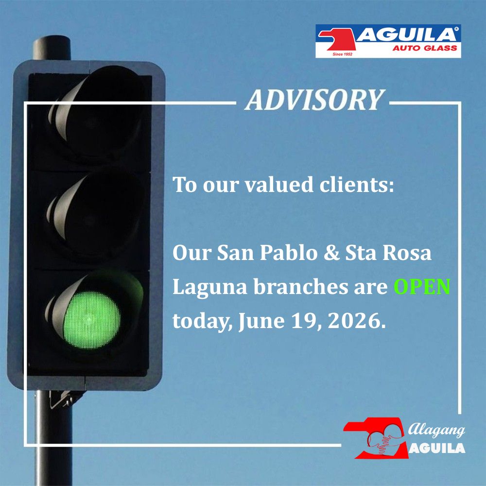 AguilaAutoGlass's tweet photo. 𝐀𝐍𝐍𝐎𝐔𝐍𝐂𝐄𝐌𝐄𝐍𝐓!📣

Our San Pablo and Sta. Rosa Laguna branches are 𝐎𝐏𝐄𝐍 to serve you today, June 19, 2026.

𝐒𝐀𝐍 𝐏𝐀𝐁𝐋𝐎 𝐋𝐀𝐆𝐔𝐍𝐀 𝐁𝐑𝐀𝐍𝐂𝐇
Address: Alyssa’s Arcade, Km. 77, Maharlika Highway, San Benito, Alaminos, Laguna
Mobile Nos.: 0917.542.3968 / 0998.961.2715

📍𝐆𝐞𝐭 𝐝𝐢𝐫𝐞𝐜𝐭𝐢𝐨𝐧𝐬
Google Maps: https://t.co/cqznA6N2aD
Waze: https://t.co/JxKxOhH5qw

𝐒𝐓𝐀. 𝐑𝐎𝐒𝐀 𝐋𝐀𝐆𝐔𝐍𝐀 𝐁𝐑𝐀𝐍𝐂𝐇
Km. 44 Brgy. Pulong, Sta. Cruz, Sta. Rosa, Laguna
Mobile Nos.: 0917.622.9430 / 0998.964.3743

📍𝐆𝐞𝐭 𝐝𝐢𝐫𝐞𝐜𝐭𝐢𝐨𝐧𝐬
Google Maps: https://t.co/tkIhk2LnPd
Waze: https://t.co/YpvDujJxw4

For other inquiries and concerns, you may give us a call at: (8)-6345277
09178845277-Globe
09189248452-Smart
or message us on our Facebook Page.
https://t.co/sXuu1q99Pq Thank you!

#74YearsofLeadership #AguilaAutoGlass #AlagangAguila #Windshieldreplacement #autoglassreplacement #autoglassinstallation #aguilastarosa #aguilasanpablo